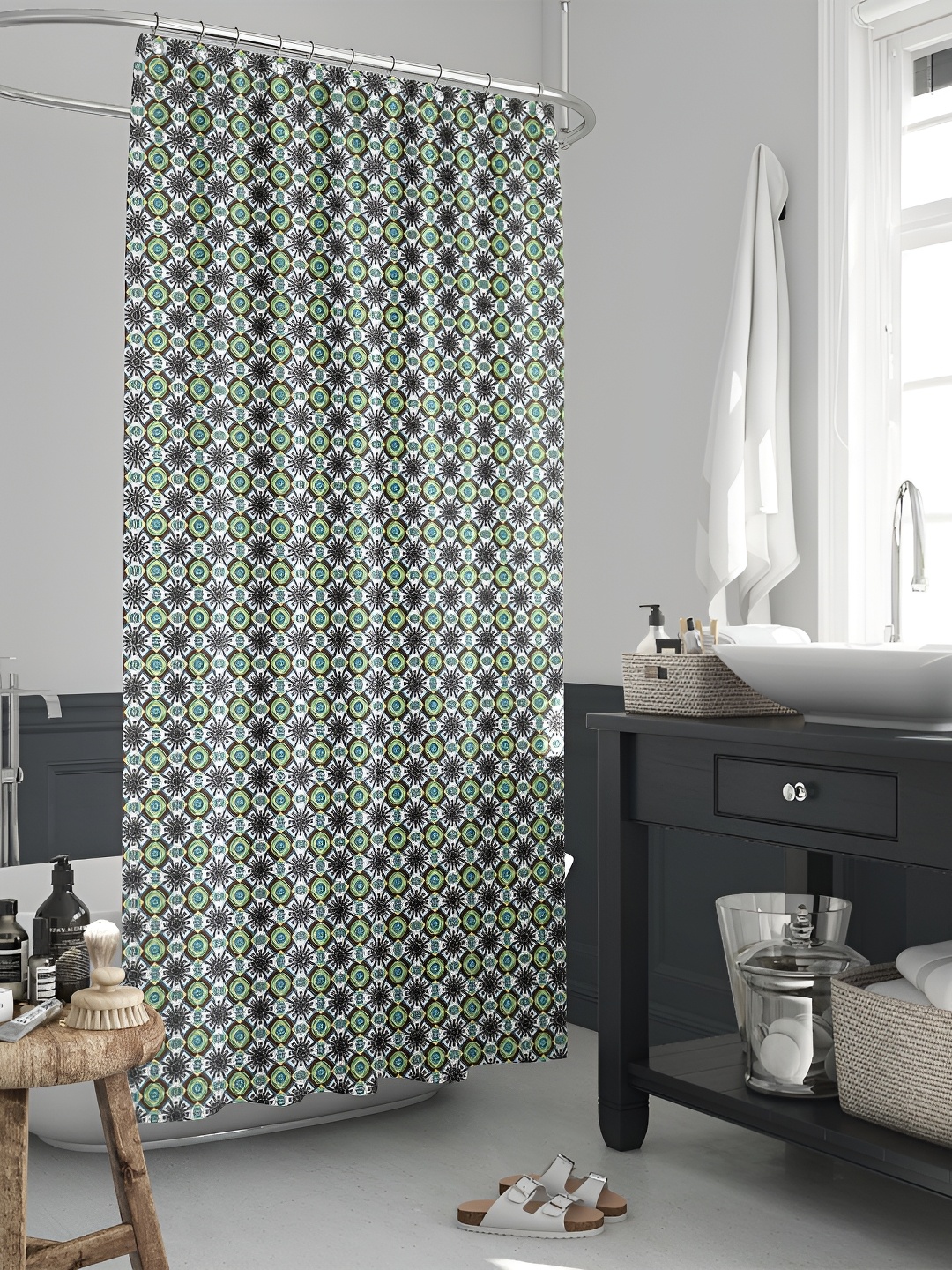 

ArtzFolio Green & White Printed Waterproof Shower Curtain