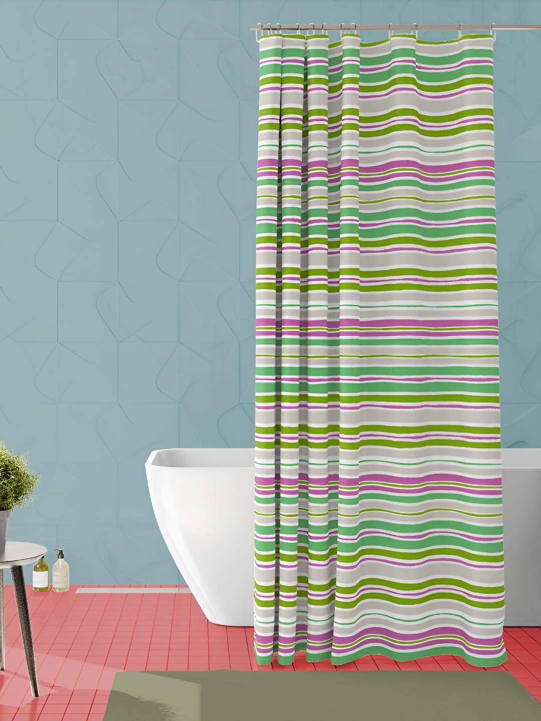 

ArtzFolio Green & Pink Striped Waterproof Shower Curtain