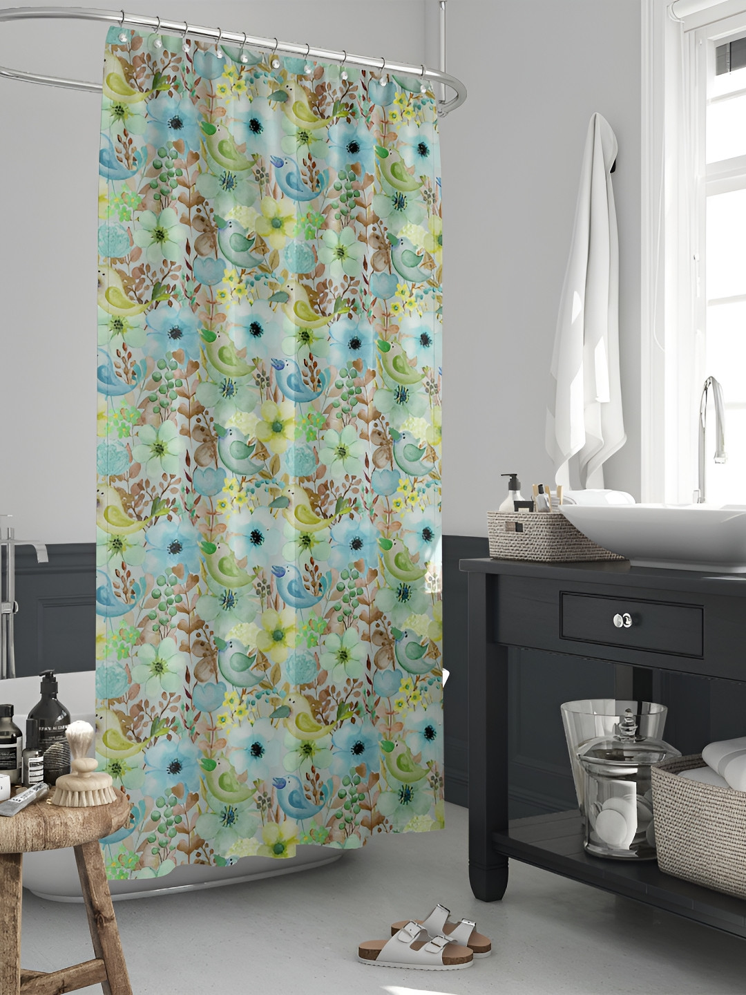 

ArtzFolio Green & Blue Floral Printed Waterproof Shower Curtain