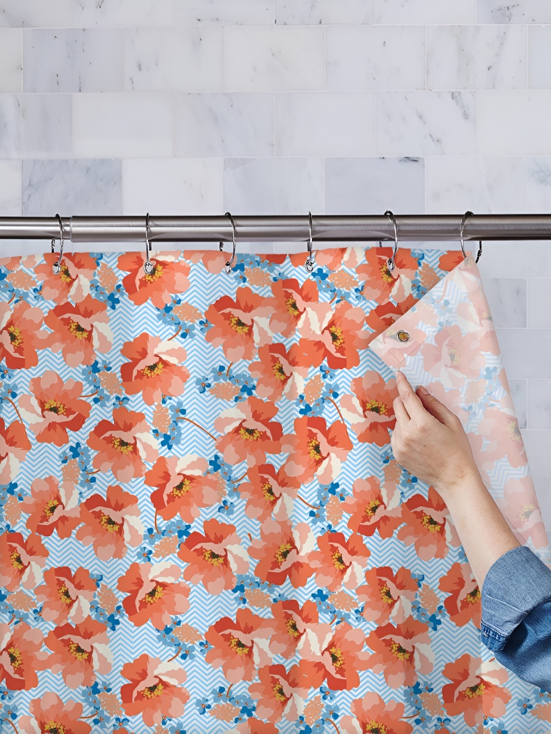 

ArtzFolio Orange-Coloured & Blue Floral Printed Waterproof Shower Curtain