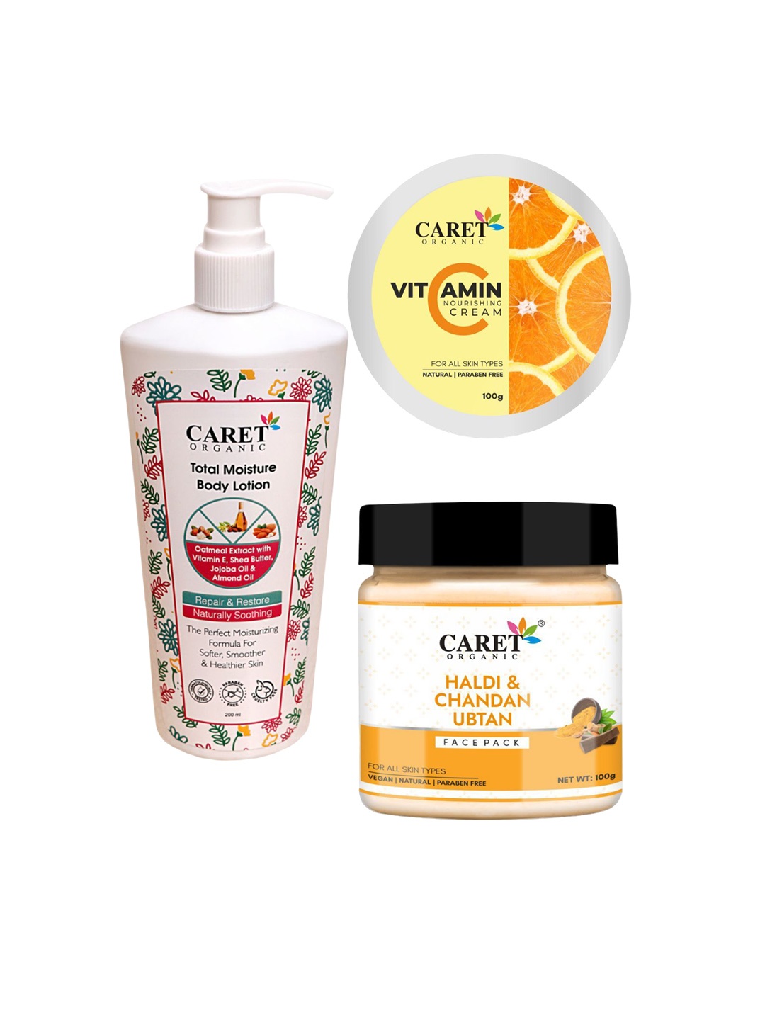 

CARET ORGANIC Set Of 3 Body Lotion With Ubtan Face Pack & Vitamin C Nourishing Cream, White