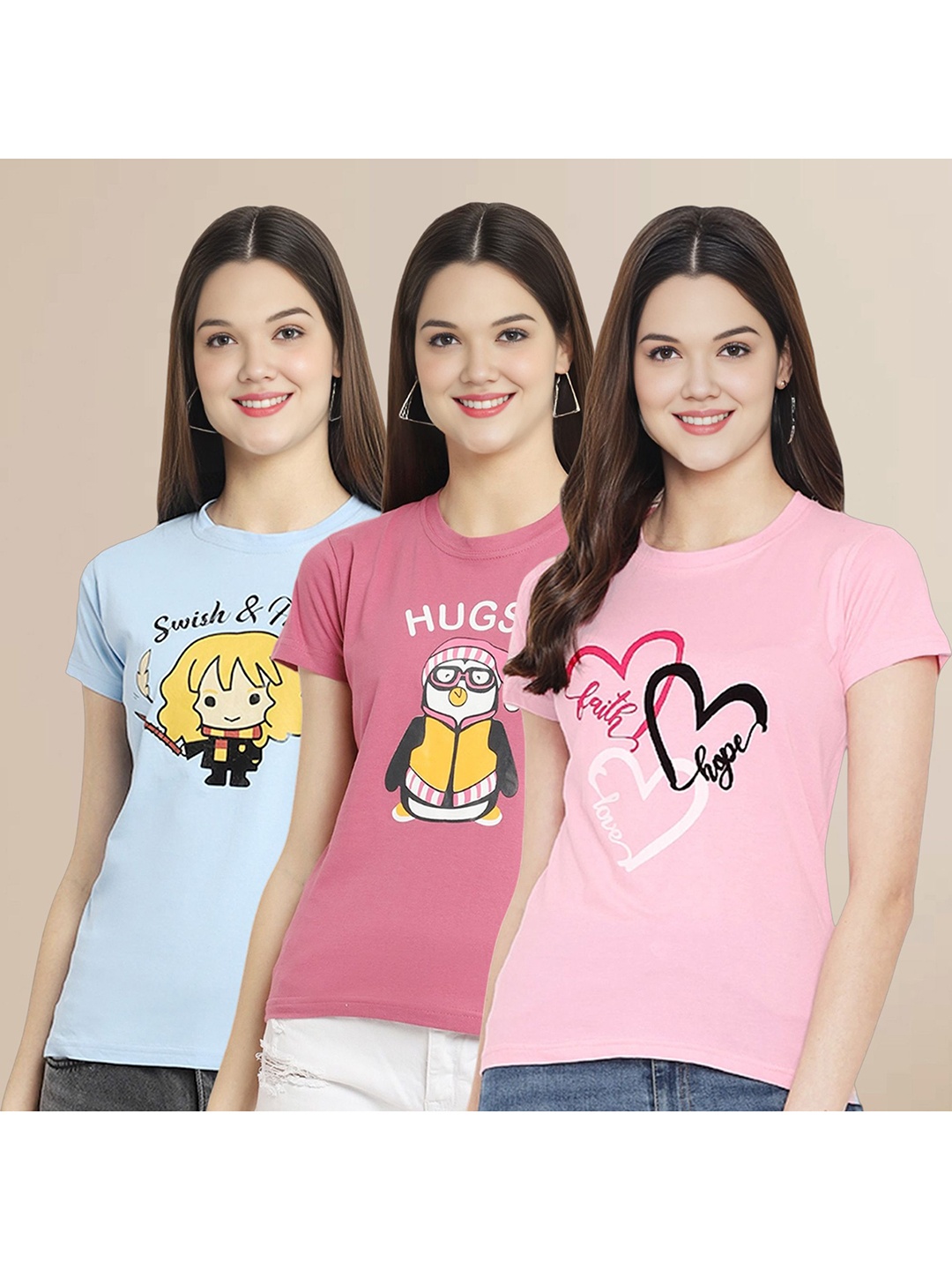 

Metronaut Women Pack Of 3 Typography Printed Round Neck Cotton T-shirts, Blue