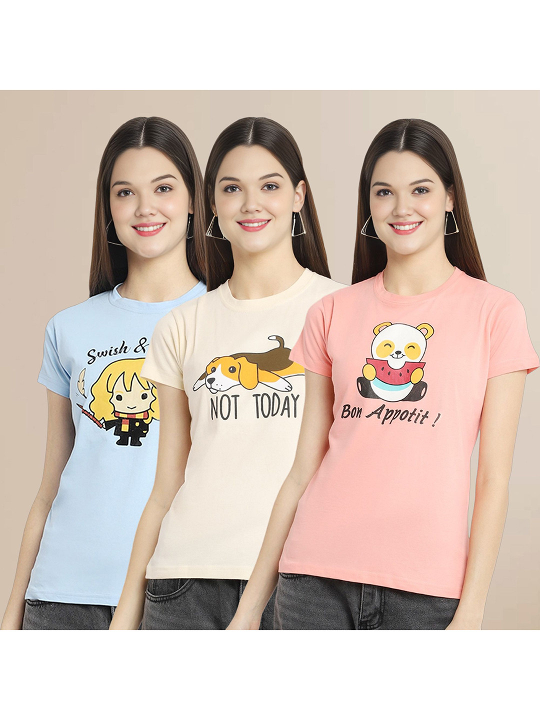 

Metronaut Women Pack Of 3 Typography Printed Round Neck Cotton T-shirts, Blue