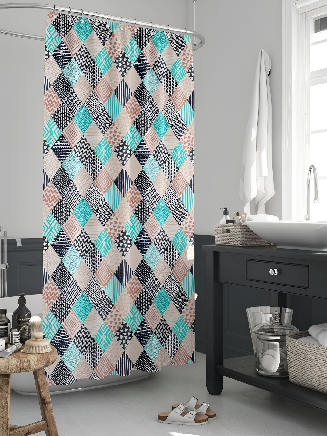 

ArtzFolio Blue & Beige Geometric Printed Waterproof Shower Curtain