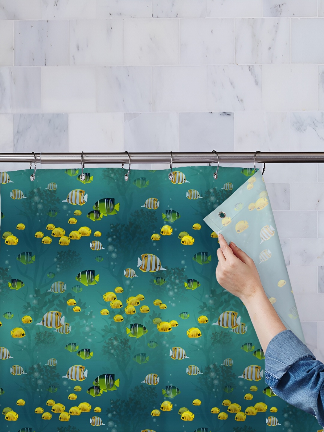 

ArtzFolio Teal-Green, Yellow & White Printed Waterproof Shower Curtain