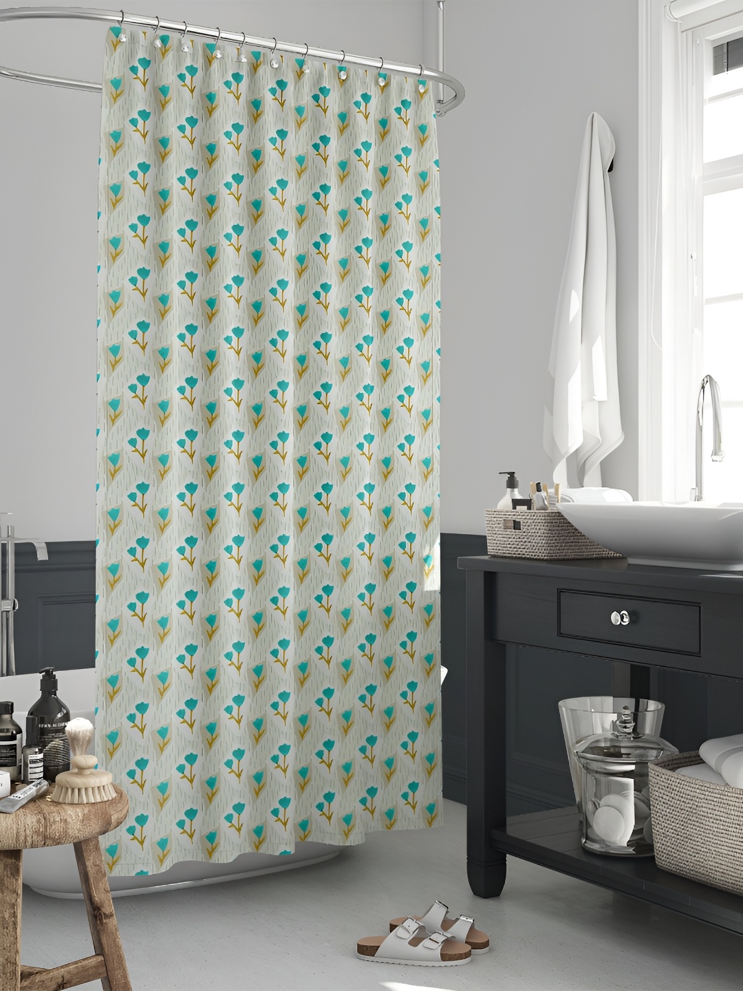 

ArtzFolio Green & Teal Floral Printed Waterproof Shower Curtain