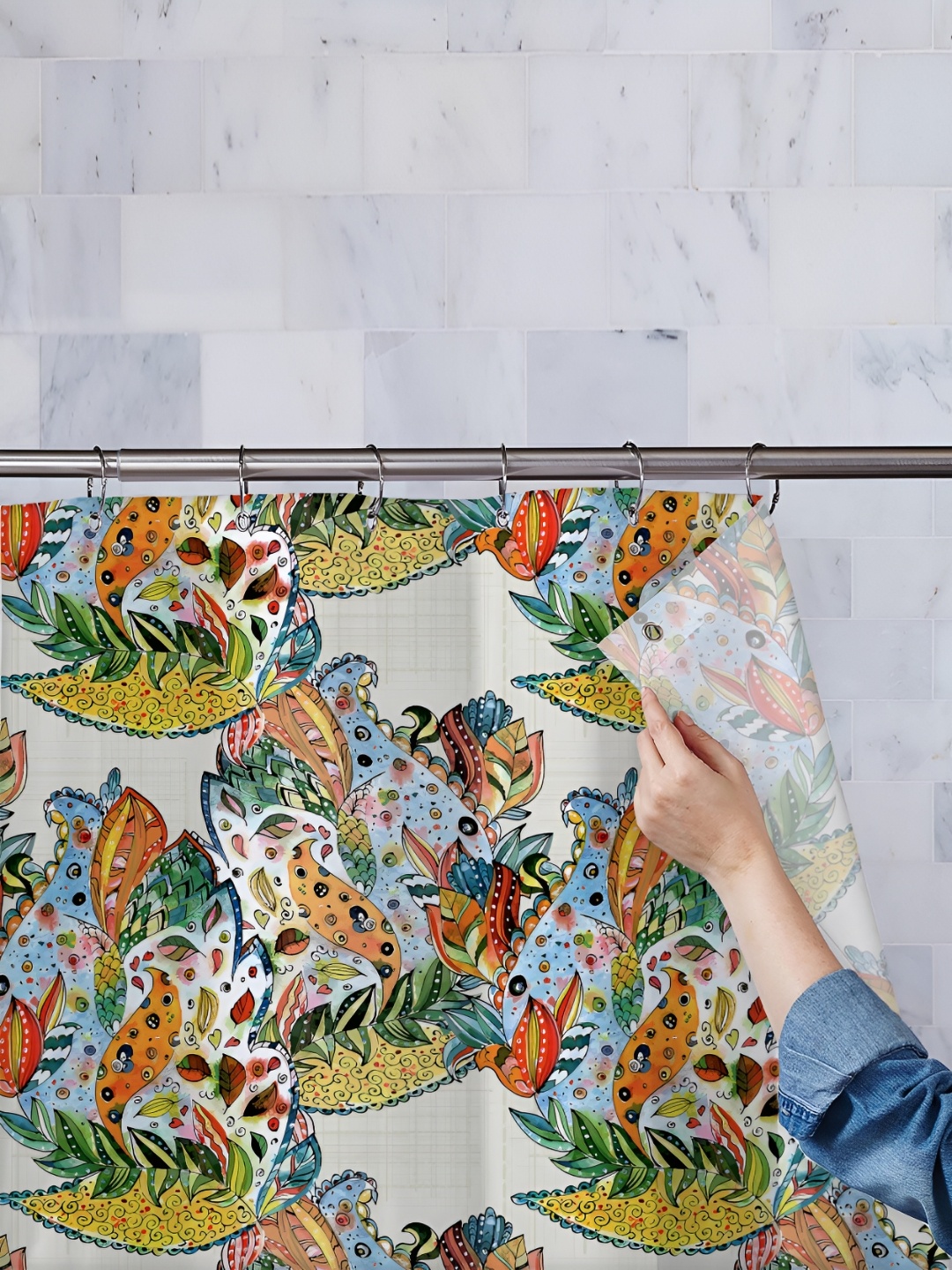 

ArtzFolio White & Green Printed Water Proof Shower Curtain
