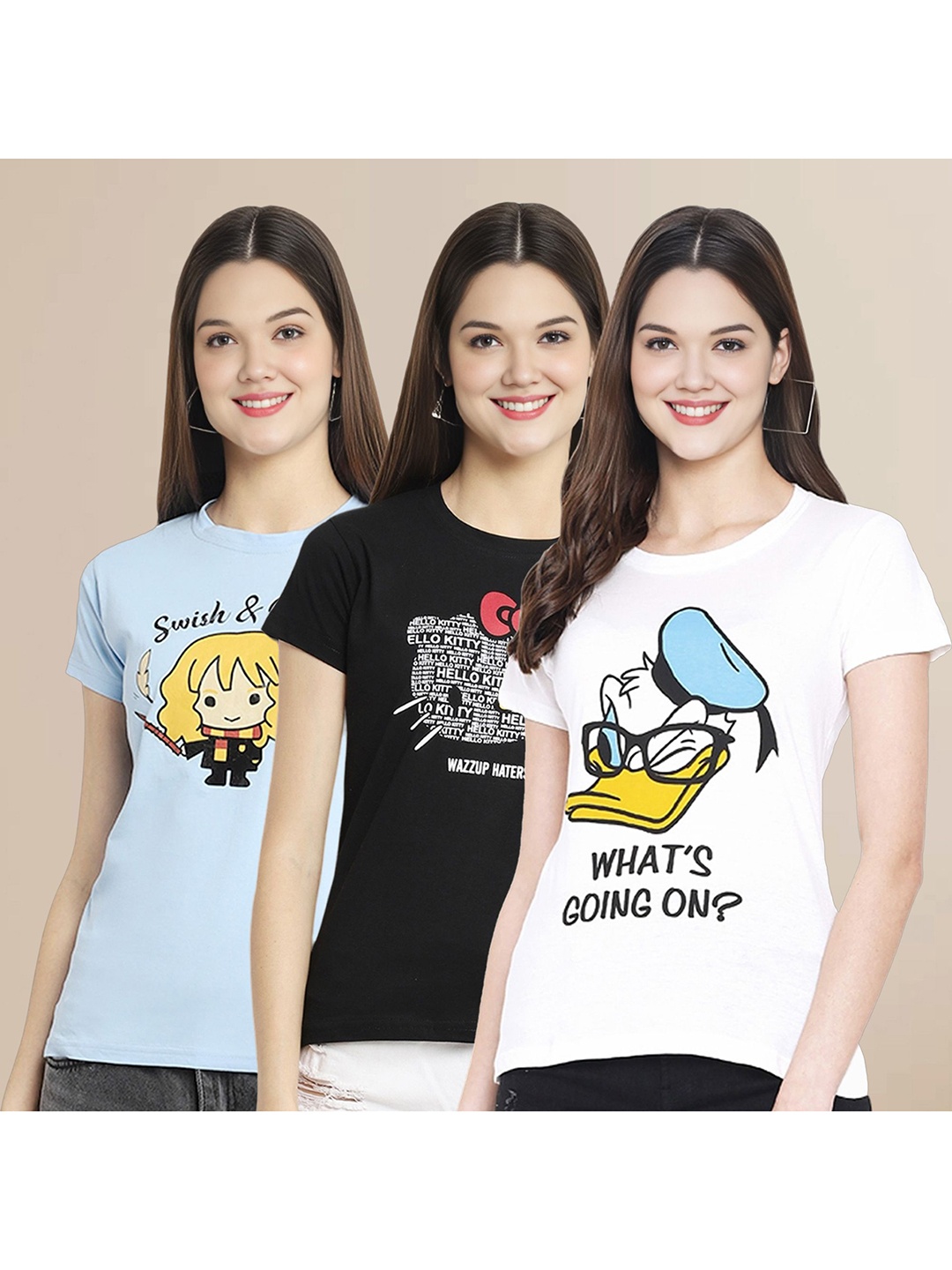 

Metronaut Women Pack Of 3 Graphic Printed Round Neck Cotton Donald Duck T-shirts, Blue