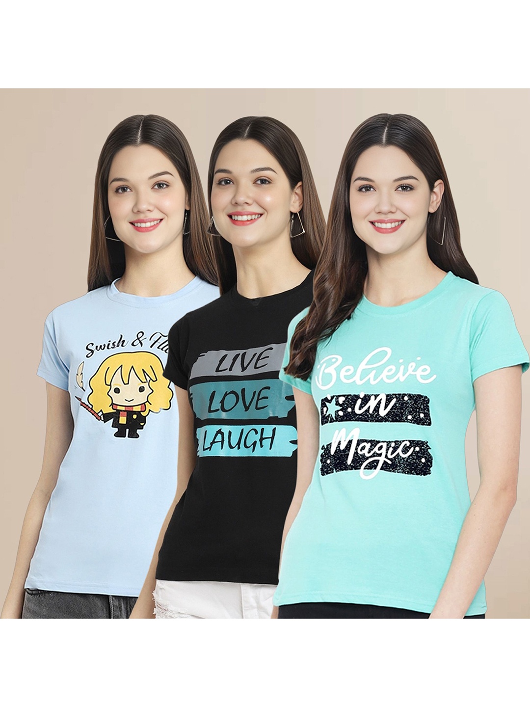 

Metronaut Women Pack Of 3 Typography Printed Round Neck Cotton T-shirts, Blue