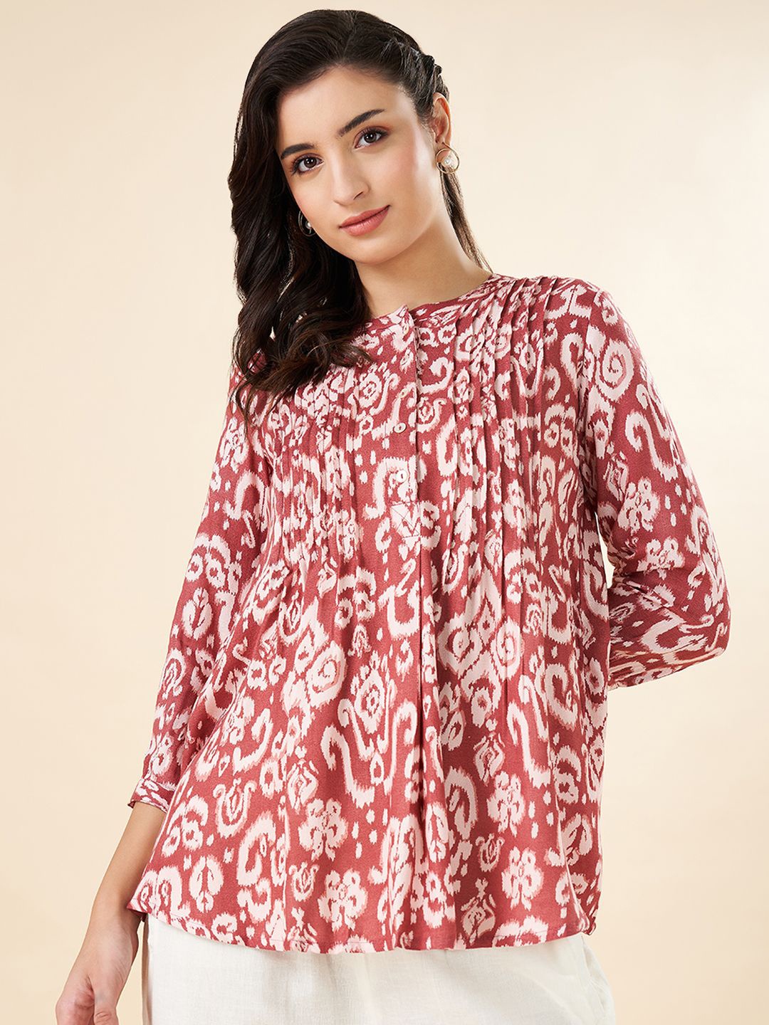 

AKKRITI BY PANTALOONS Women Mandarin Collar Printed Tunic, Maroon