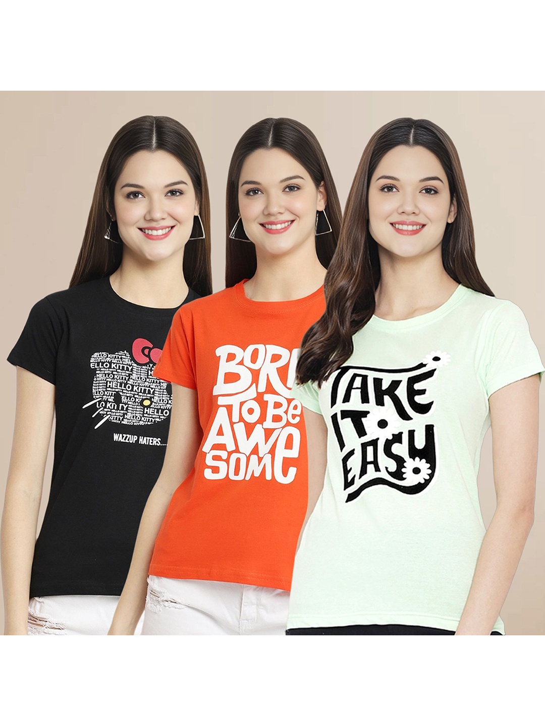

Metronaut Women Pack Of 3 Typography Printed Round Neck Cotton T-shirts, Black