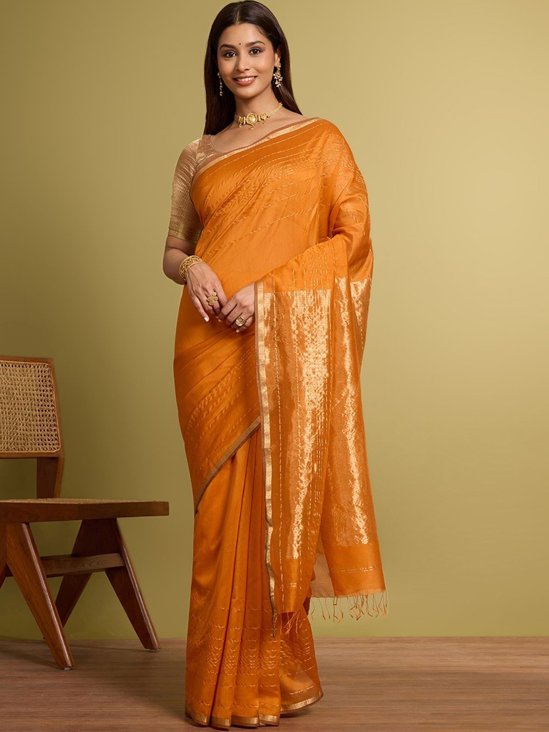 

Taneira Striped Zari Maheshwari Saree, Orange