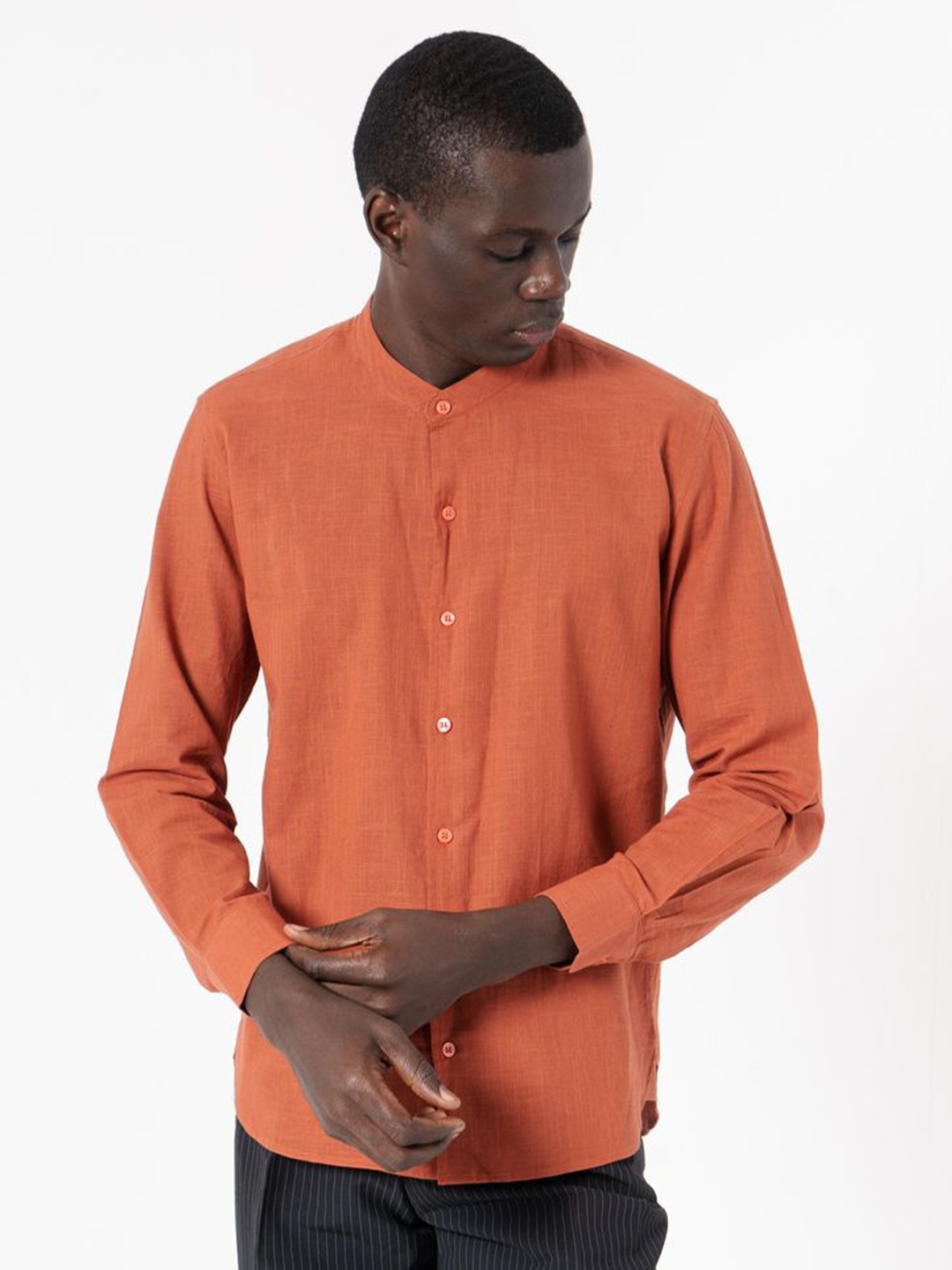 

SAY Men India Slim Band Collar Solid Cotton Slim Fit Casual Shirt, Orange