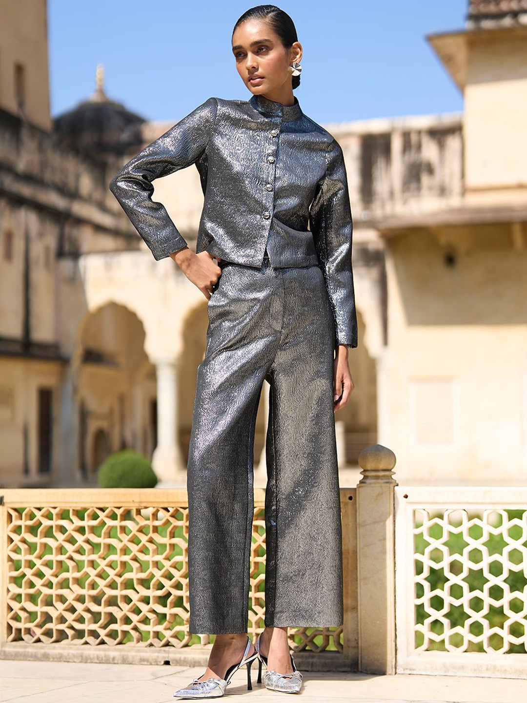 

Dash and Dot Self Design Long Sleeves Shirt With Trouser, Silver
