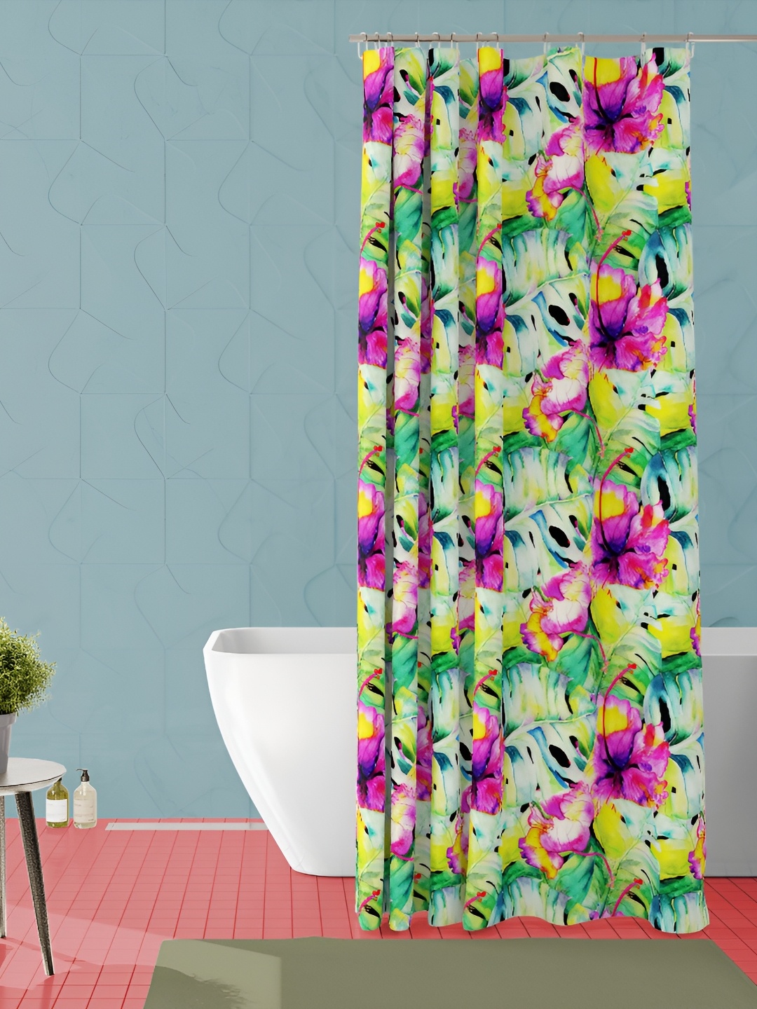 

ArtzFolio Green & Pink Floral Printed Waterproof Shower Curtain