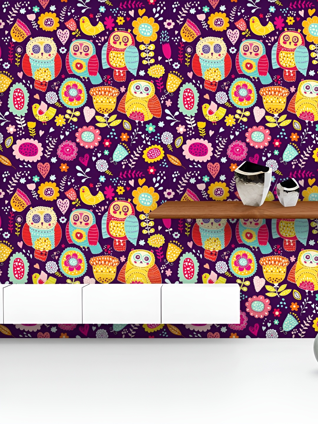 

ArtzFolio Printed UV-Resistant Anti-Bacterial Cheerful Owls And Flowers Peel & Stick Wallpaper, Multi