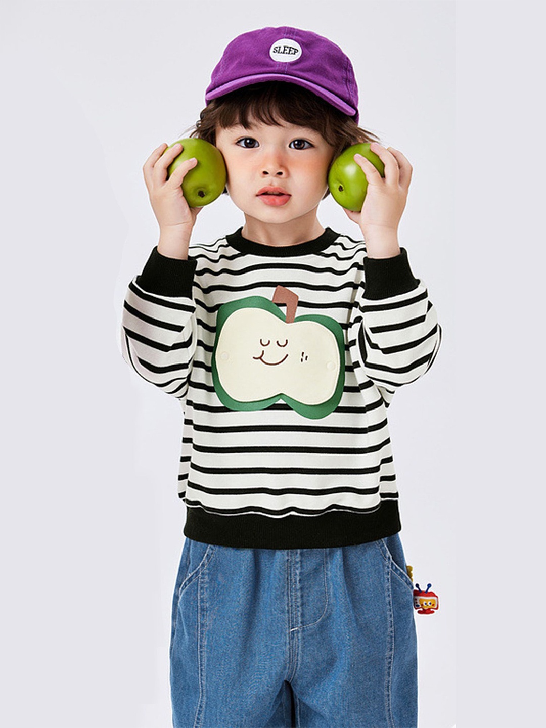 

LULU & SKY Kids Striped Round Neck Cotton Sweatshirt, White