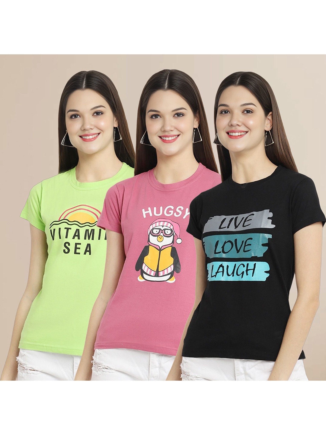 

Metronaut Women Pack Of 3 Typography Printed Round Neck Cotton T-shirts, Green
