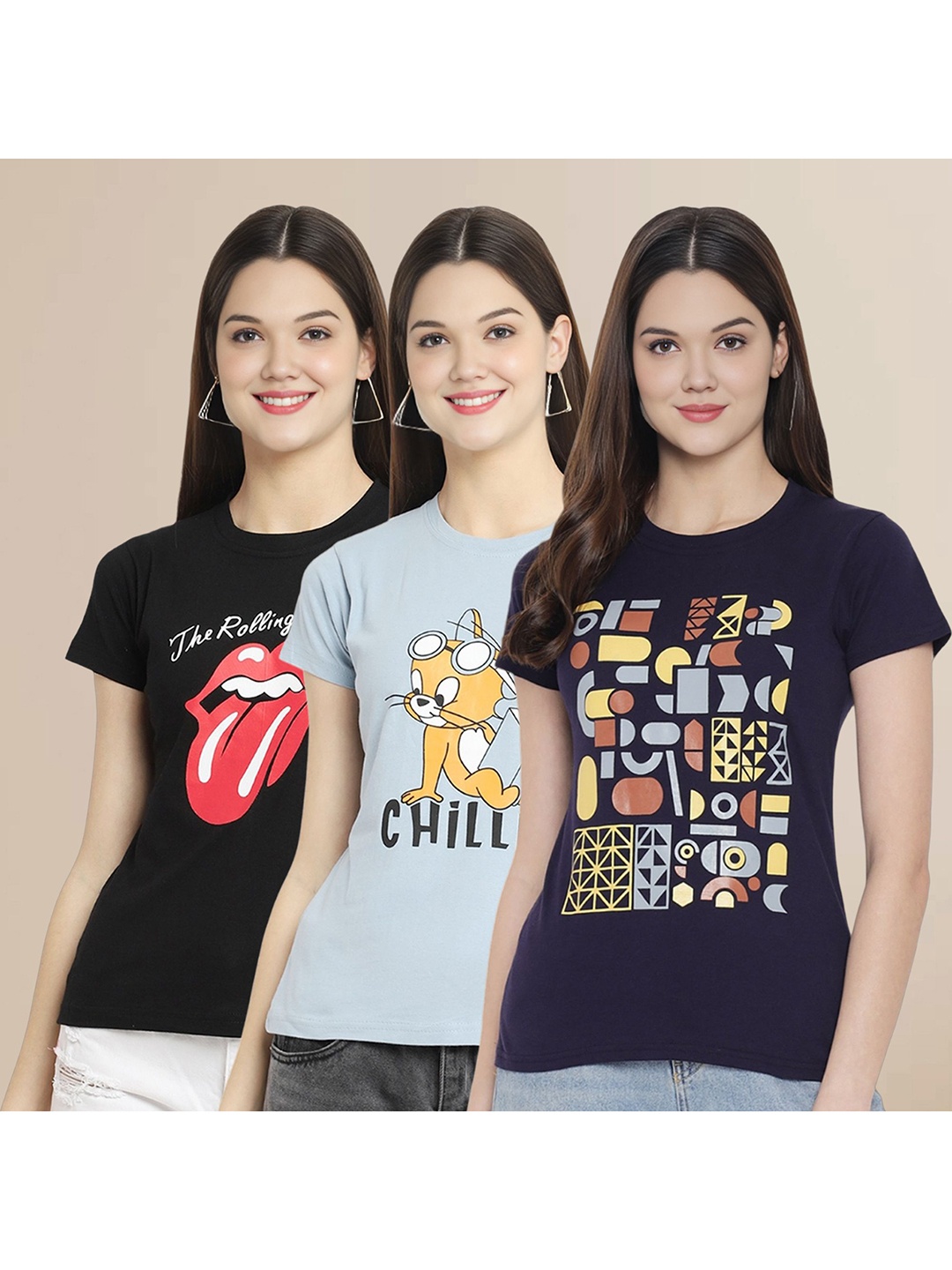 

Metronaut Women Pack Of 3 Graphic Printed Round Neck Cotton Tom & Jerry T-shirts, Black