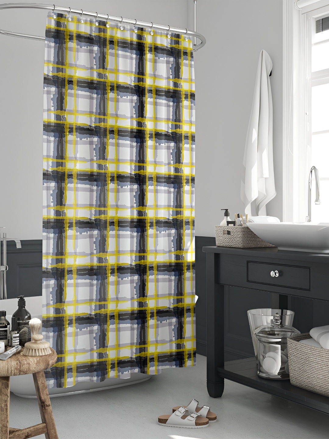 

ArtzFolio White & Yellow Geometric Printed Waterproof Shower Curtain