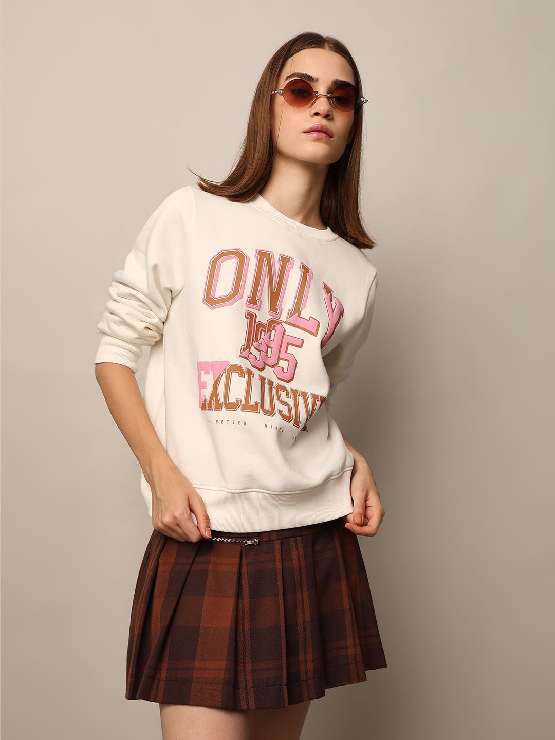 

ONLY Women Cotton Typography Printed Sweatshirt, Cream