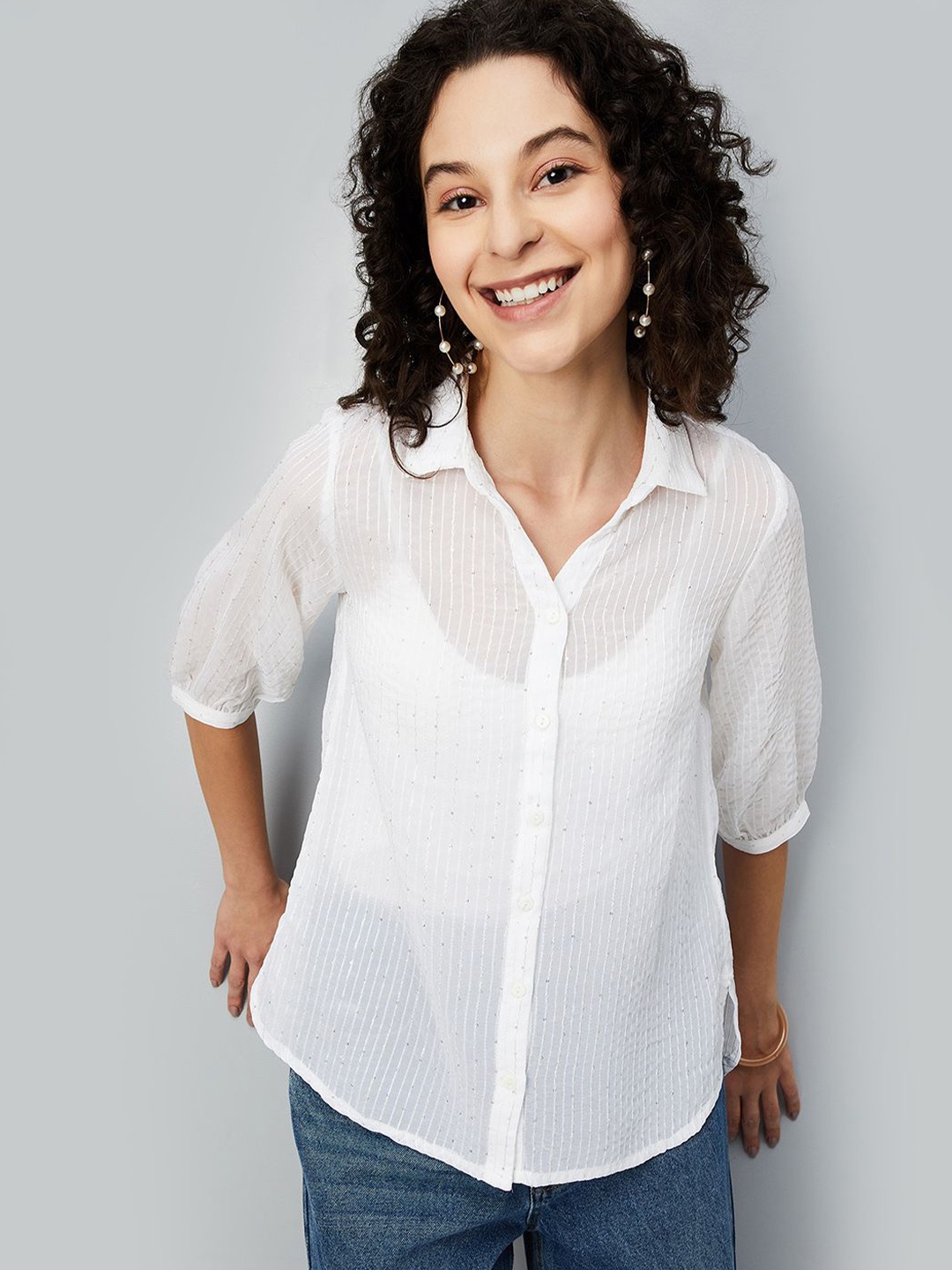 

max Women Self Design Regular Fit Semi Sheer Shirt, Off white