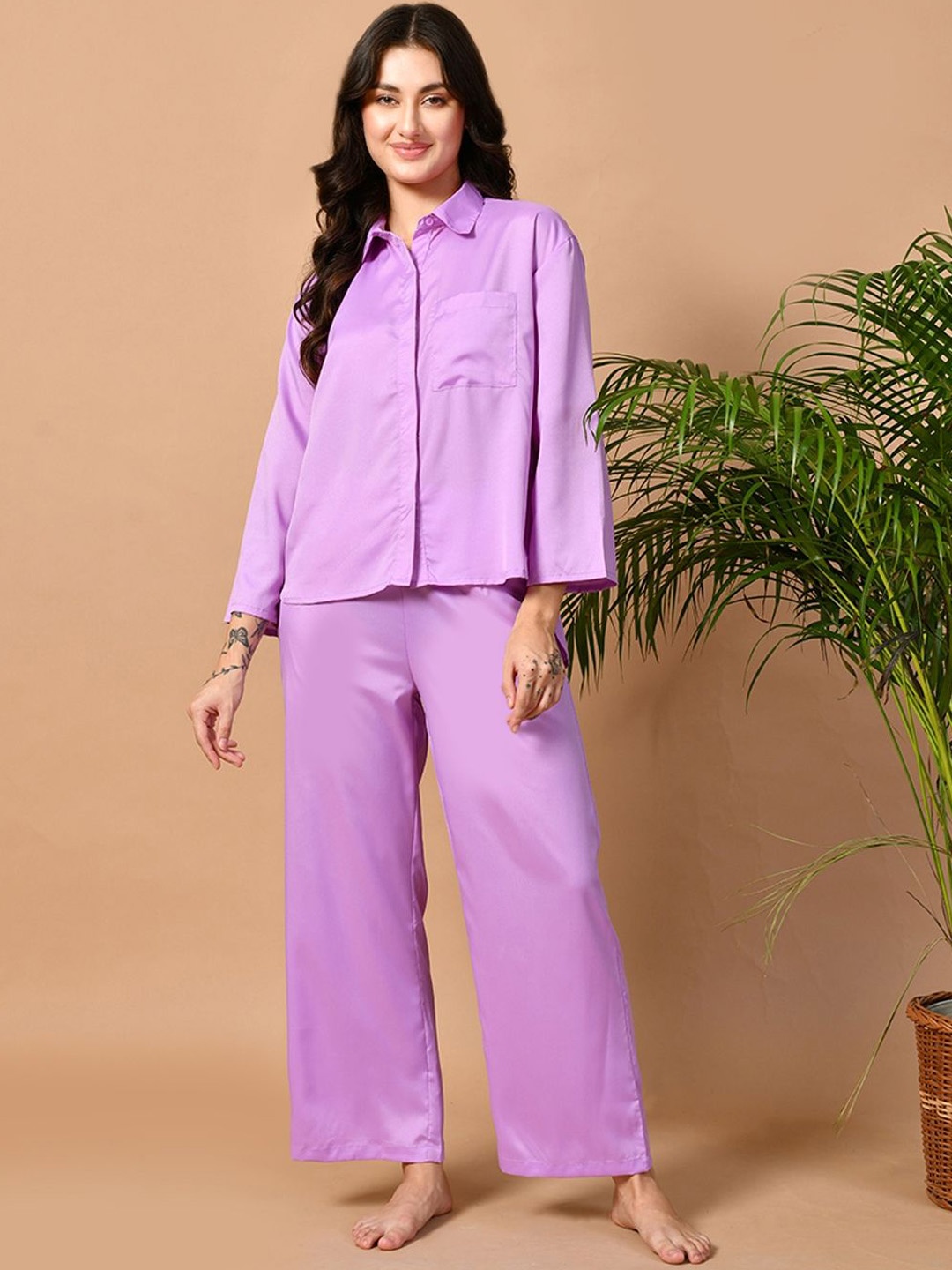 

PRETTY LOVING THING Shirt Collar Long Sleeves Shirt With Pyjama, Lavender