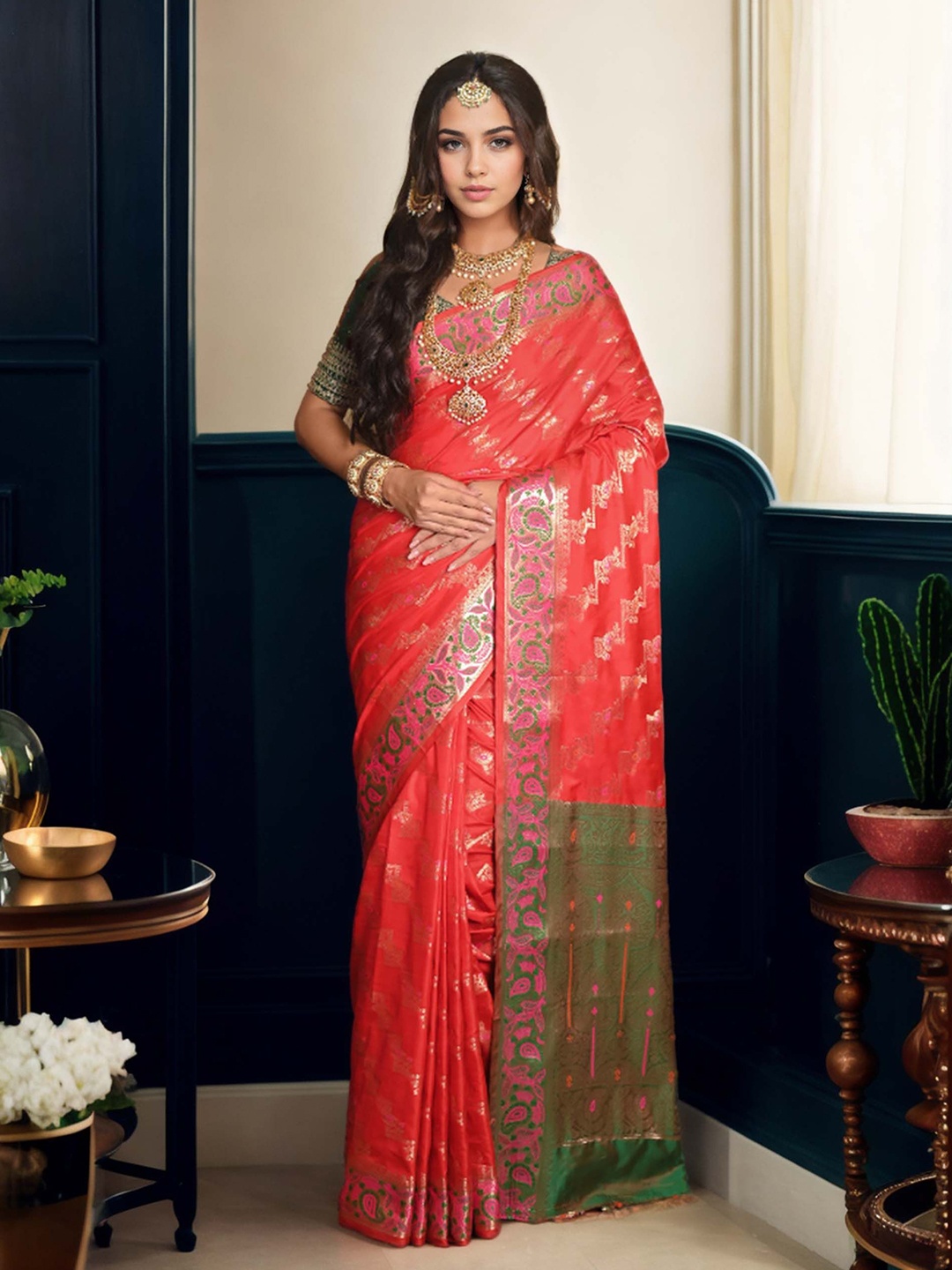 

Anouk Ethnic Motifs Woven Design Zari Saree, Coral