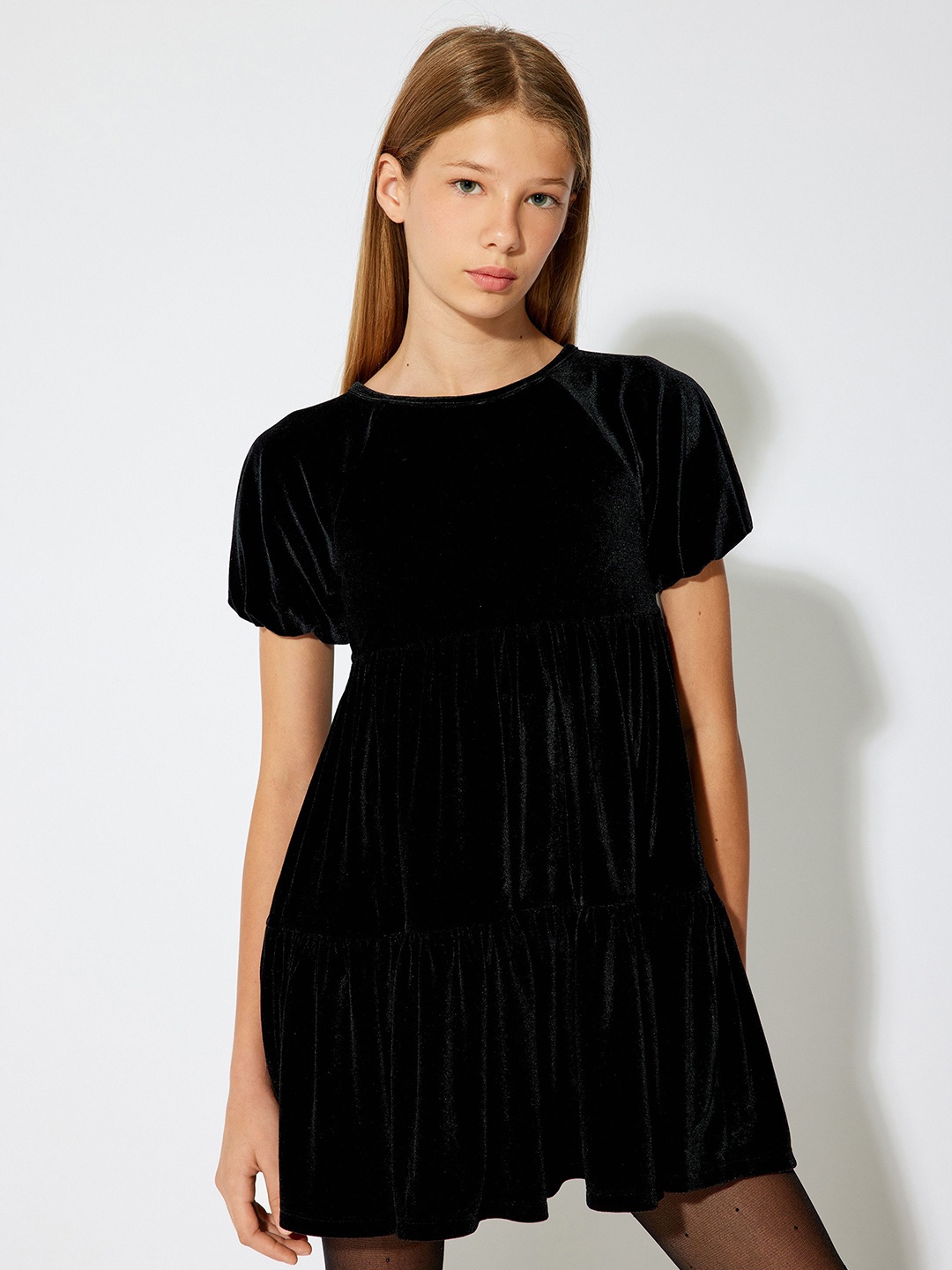 

Koton Girls Gathered or Pleated A-Line Dress, Black