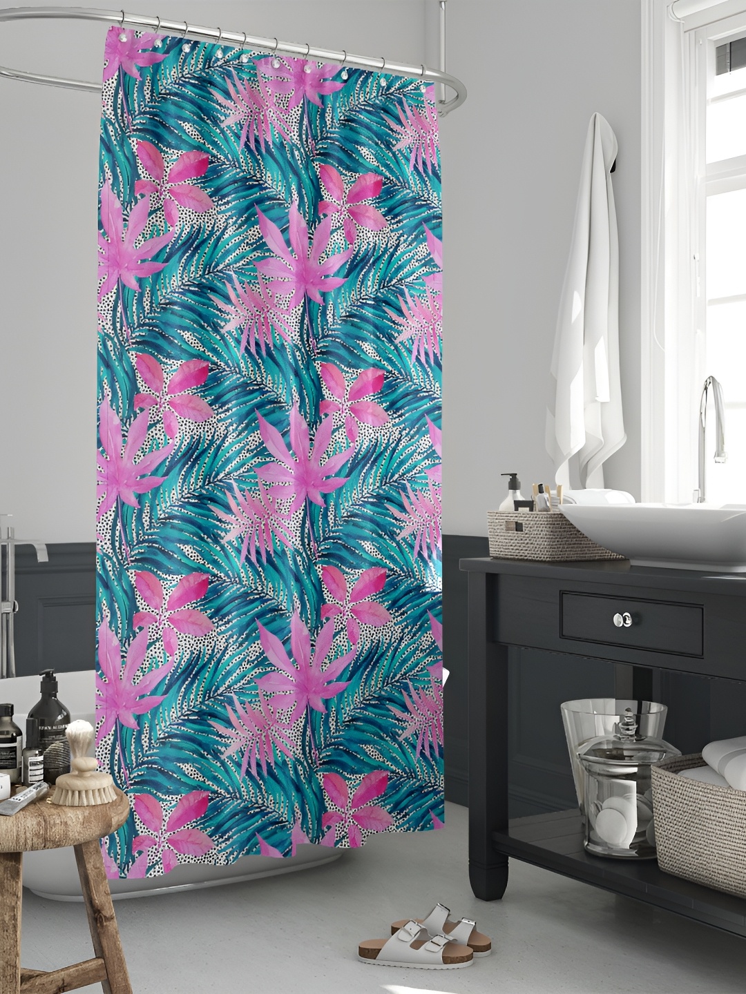 

ArtzFolio Pink & Turquoise Blue Floral Printed Waterproof Shower Curtain