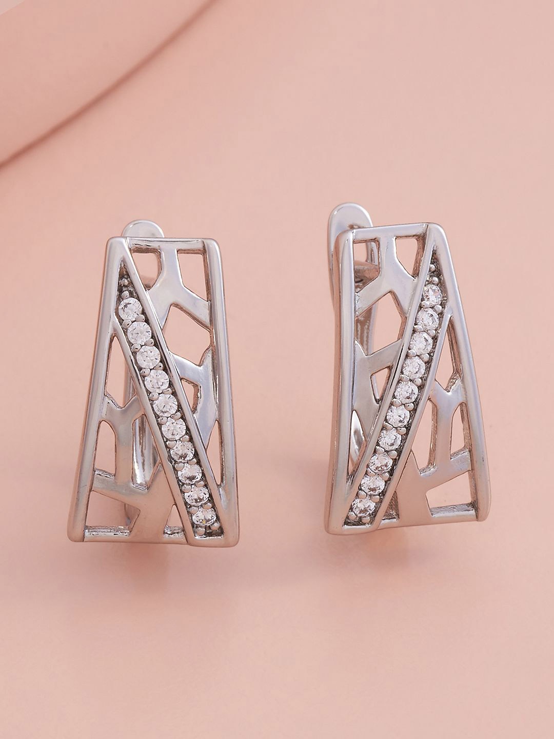 

Kushal's Fashion Jewellery Rhodium-Plated Zircon Geometric Hoop Earrings, Silver