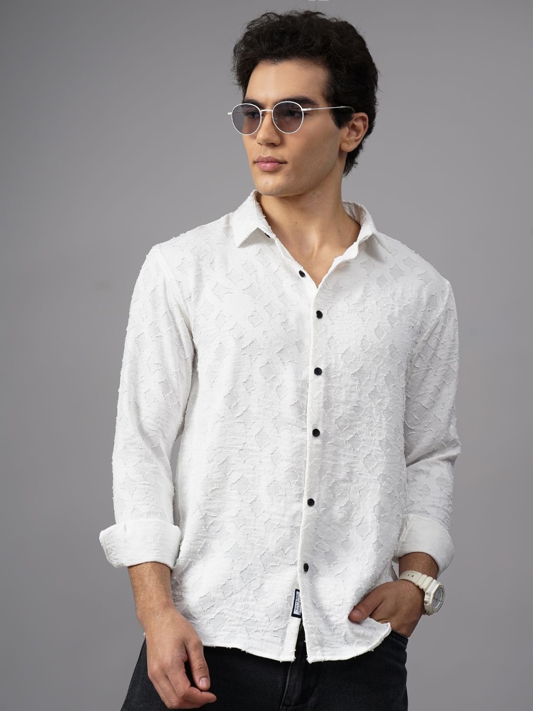 

PAUL STREET Men Relaxed Spread Collar Textured Relaxed Fit Casual Shirt, White