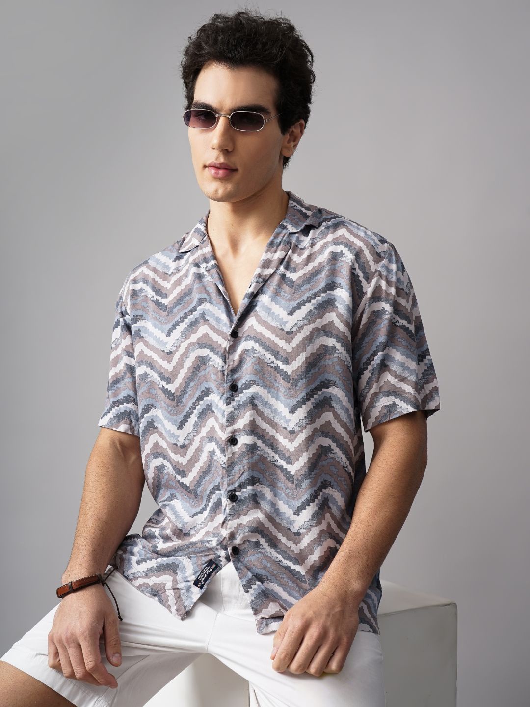 

PAUL STREET Men Relaxed Cuban Collar Chevron Printed Oversized Casual Shirt, Blue