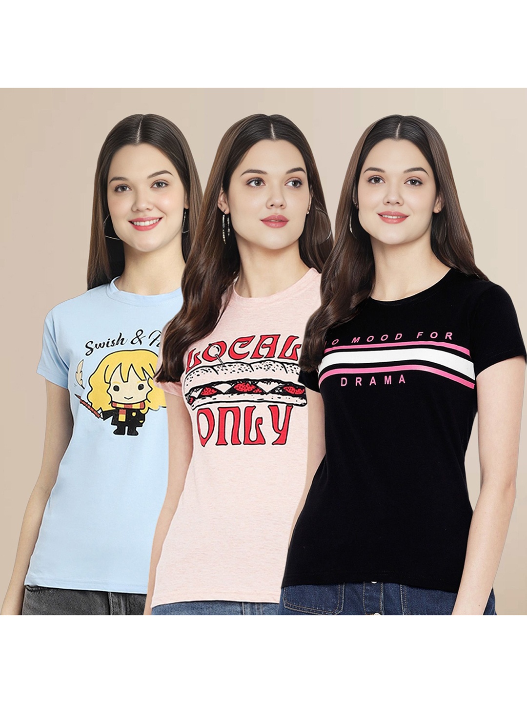 

Metronaut Women Pack Of 3 Typography Printed Round Neck Cotton T-shirts, Blue