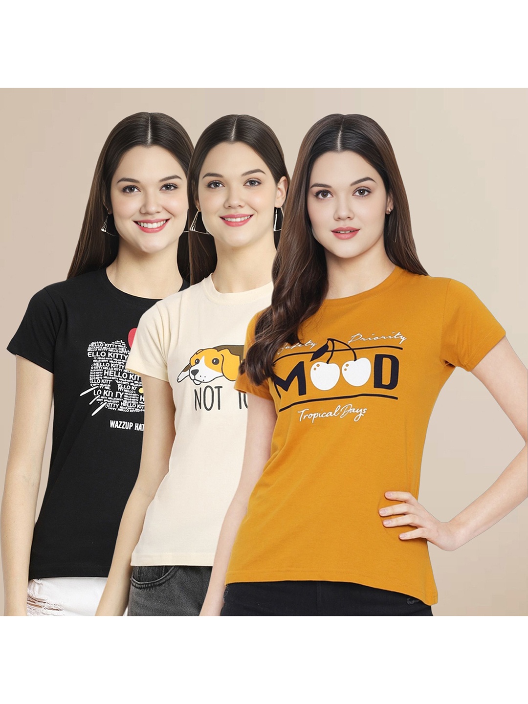 

Metronaut Women Pack Of 3 Typography Printed Round Neck Cotton T-shirts, Black