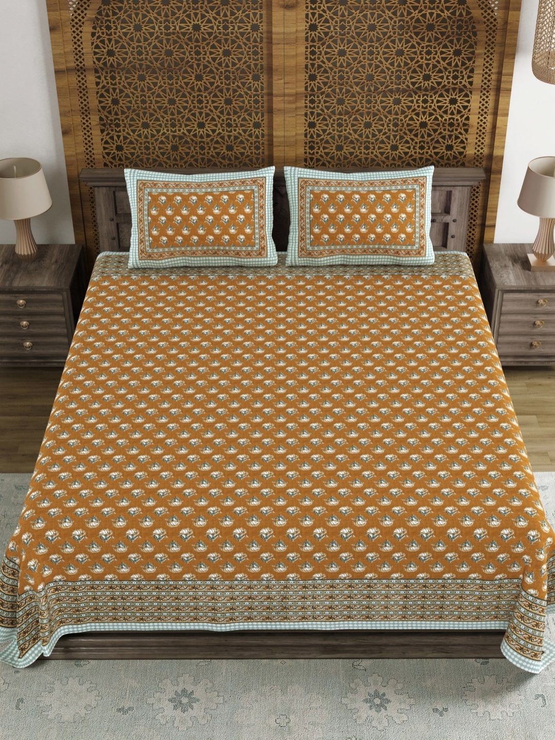 

BLOCKS OF INDIA Brown & White Floral 120 TC King Bedsheet Set 2.18 m x 2.64 m