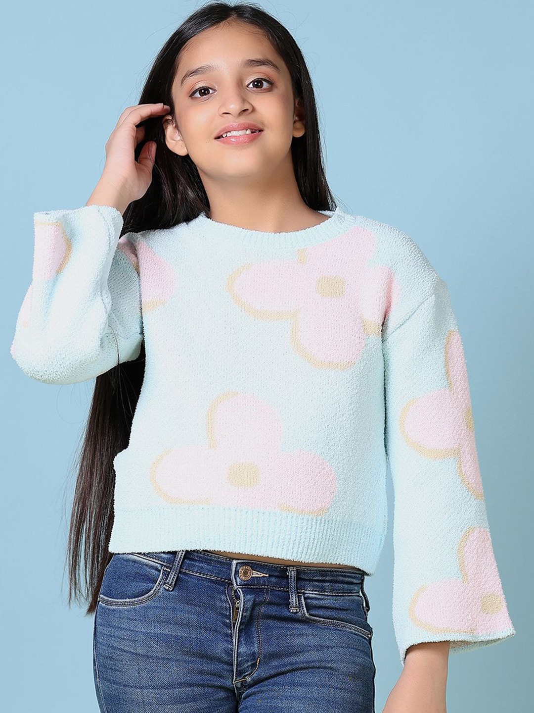 

V-Mart Girls Cotton Printed Round Neck Long Sleeves Pullover Sweaters, Blue