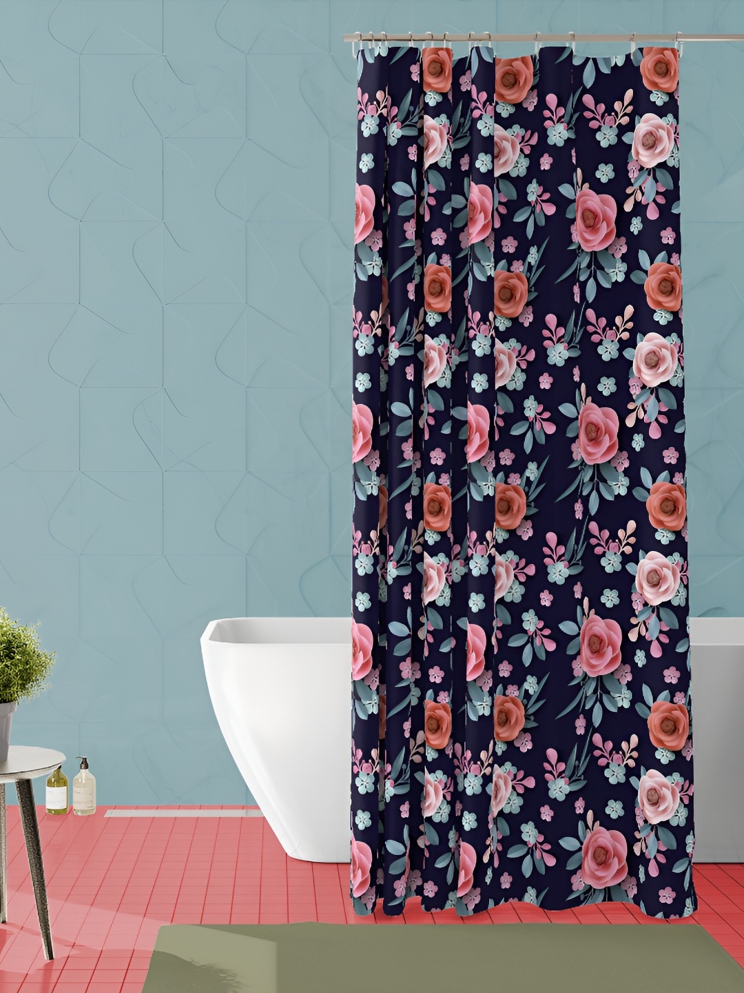 

ArtzFolio Blue & Pink Floral Printed Waterproof Shower Curtain