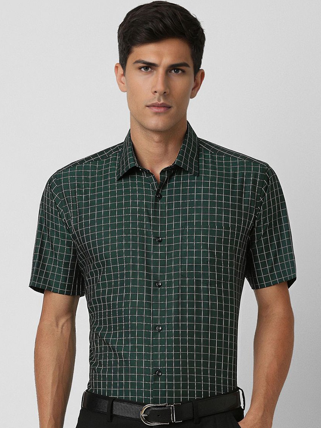 

Van Heusen Men Spread Collar Checked Cotton Slim Fit Formal Shirt, Green
