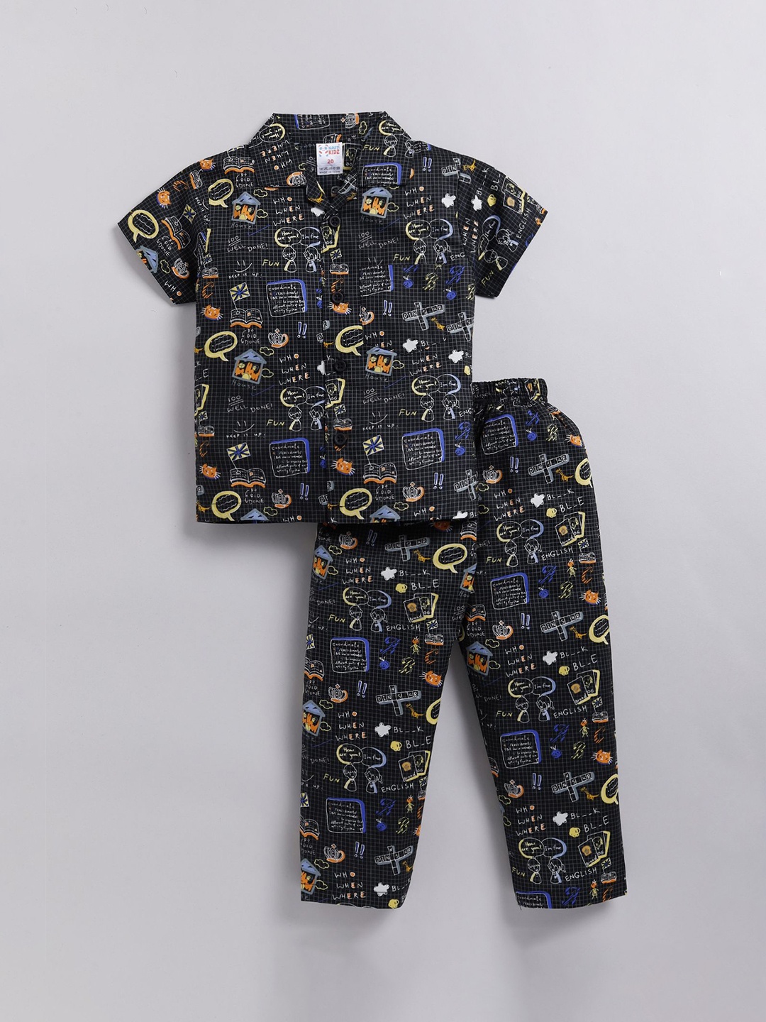 

NAUTI KIDZ Boys Printed Lapel Collar Pure Cotton Night Suit, Black
