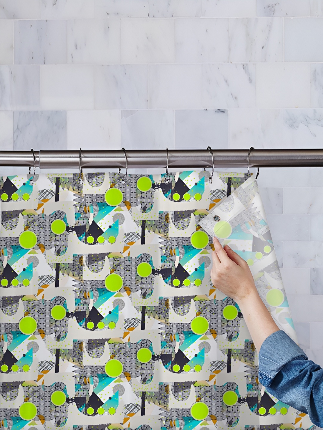 

ArtzFolio White & Green Printed Waterproof Shower Curtain
