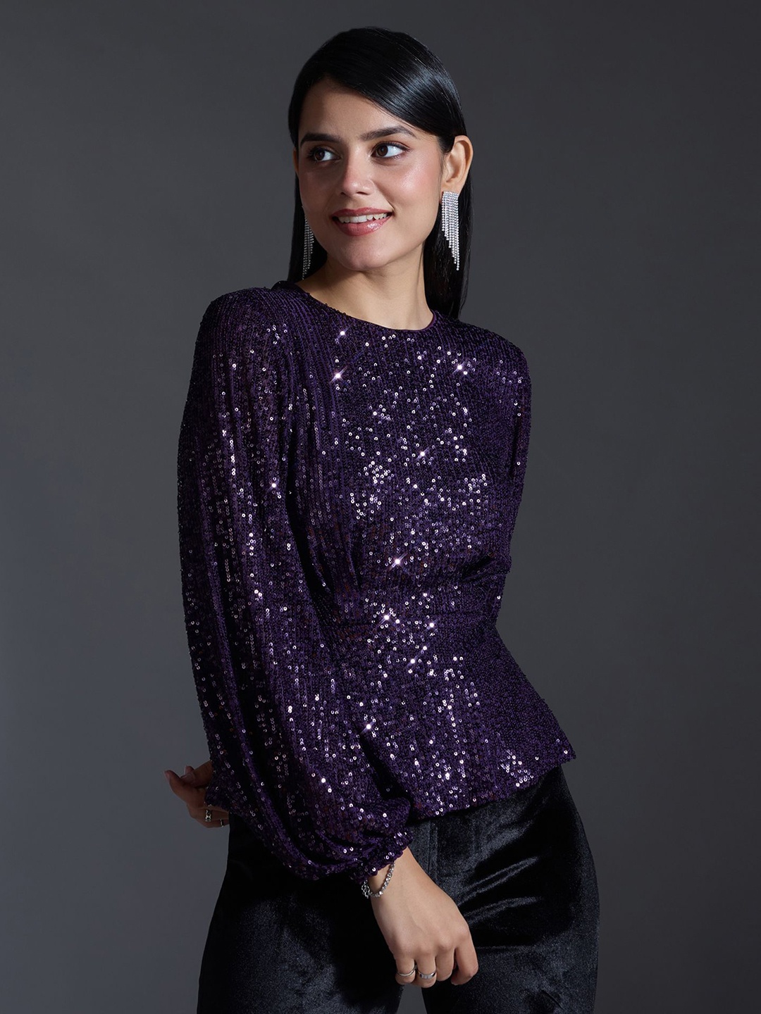 

20Dresses Embellished Round Neck Peplum Top, Purple