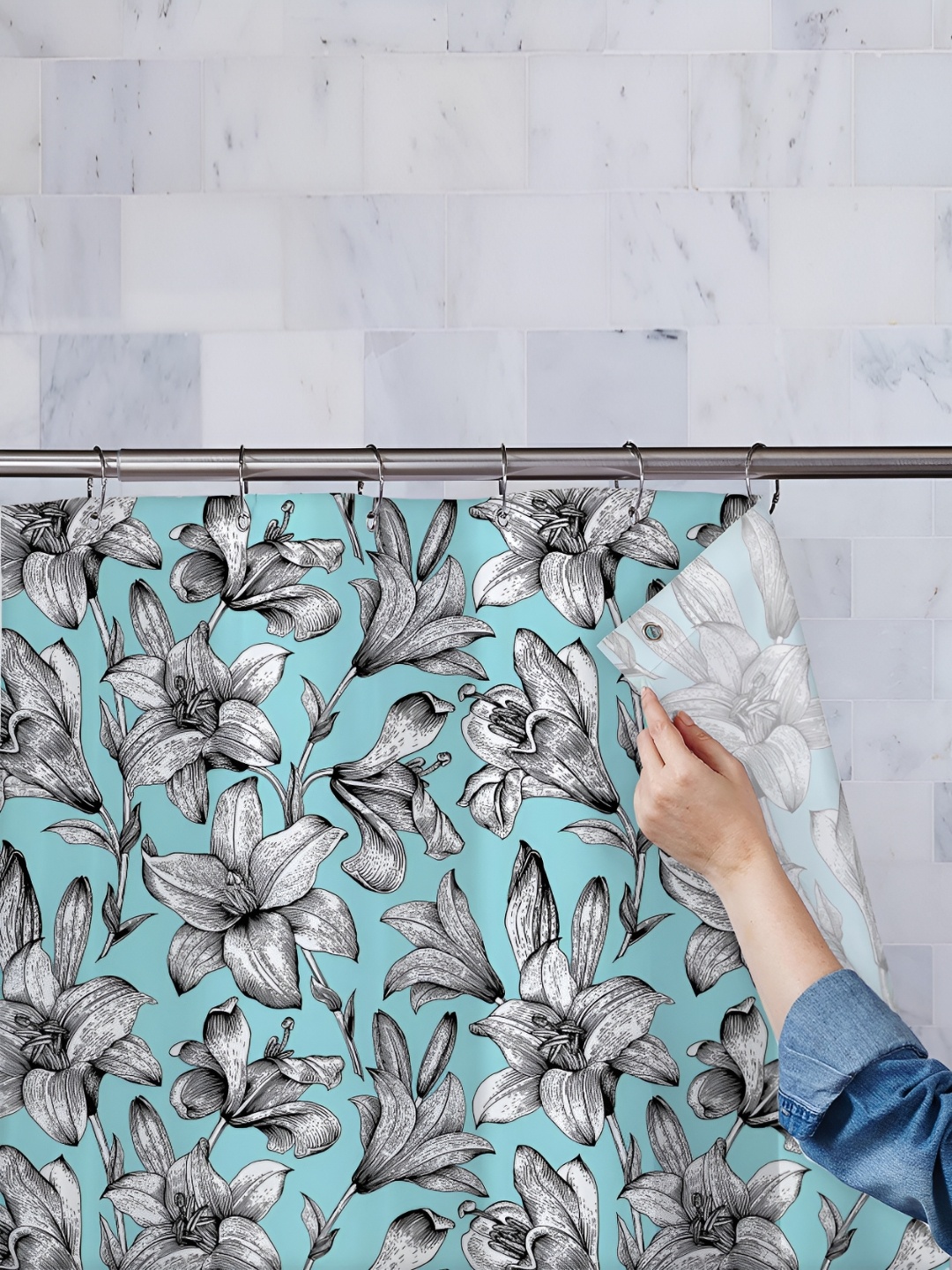 

ArtzFolio Blue & White Printed Waterproof Shower Curtain