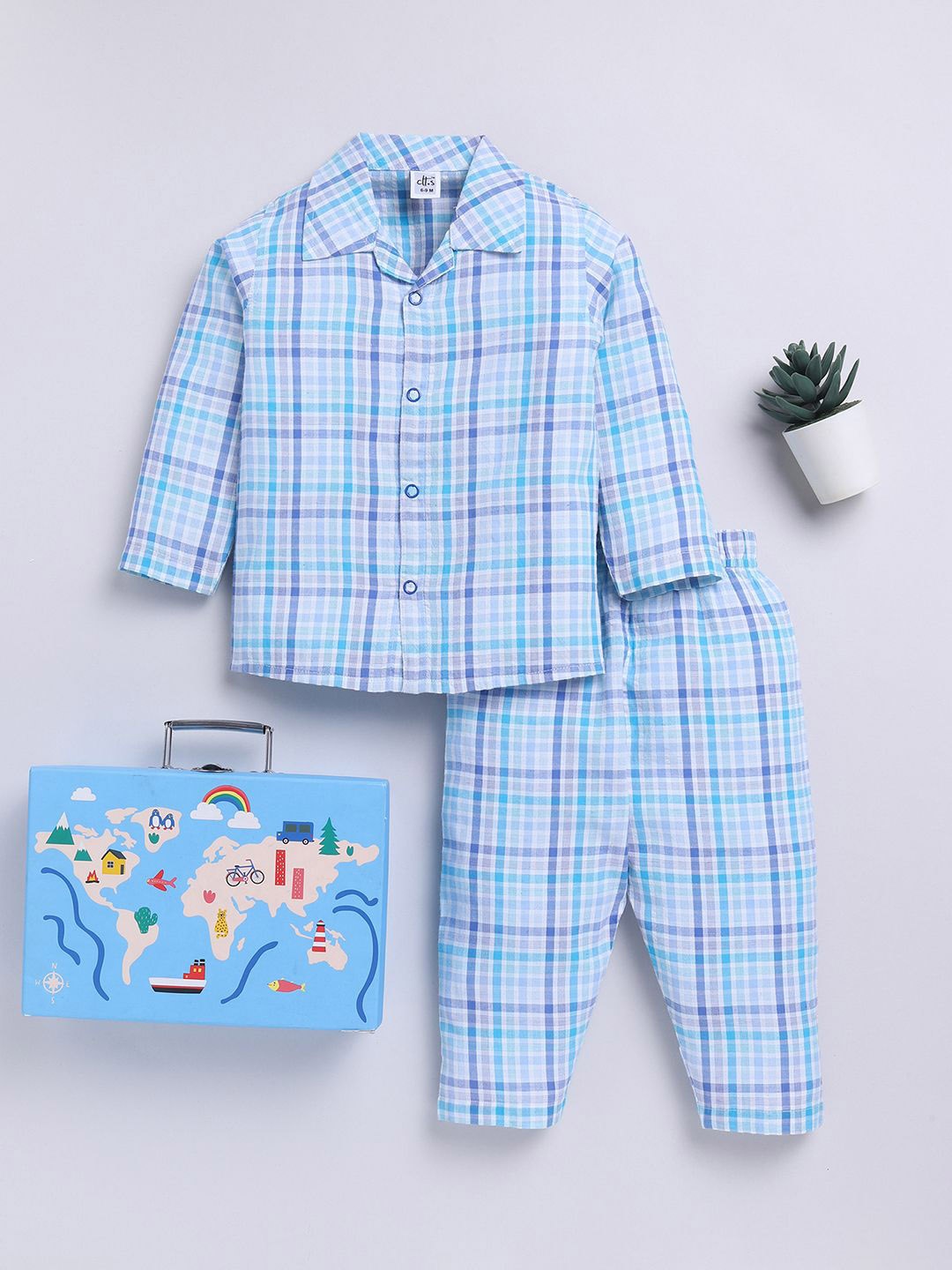 

Clt.s Unisex Kids Pure Cotton Checked Printed Night suit, Blue