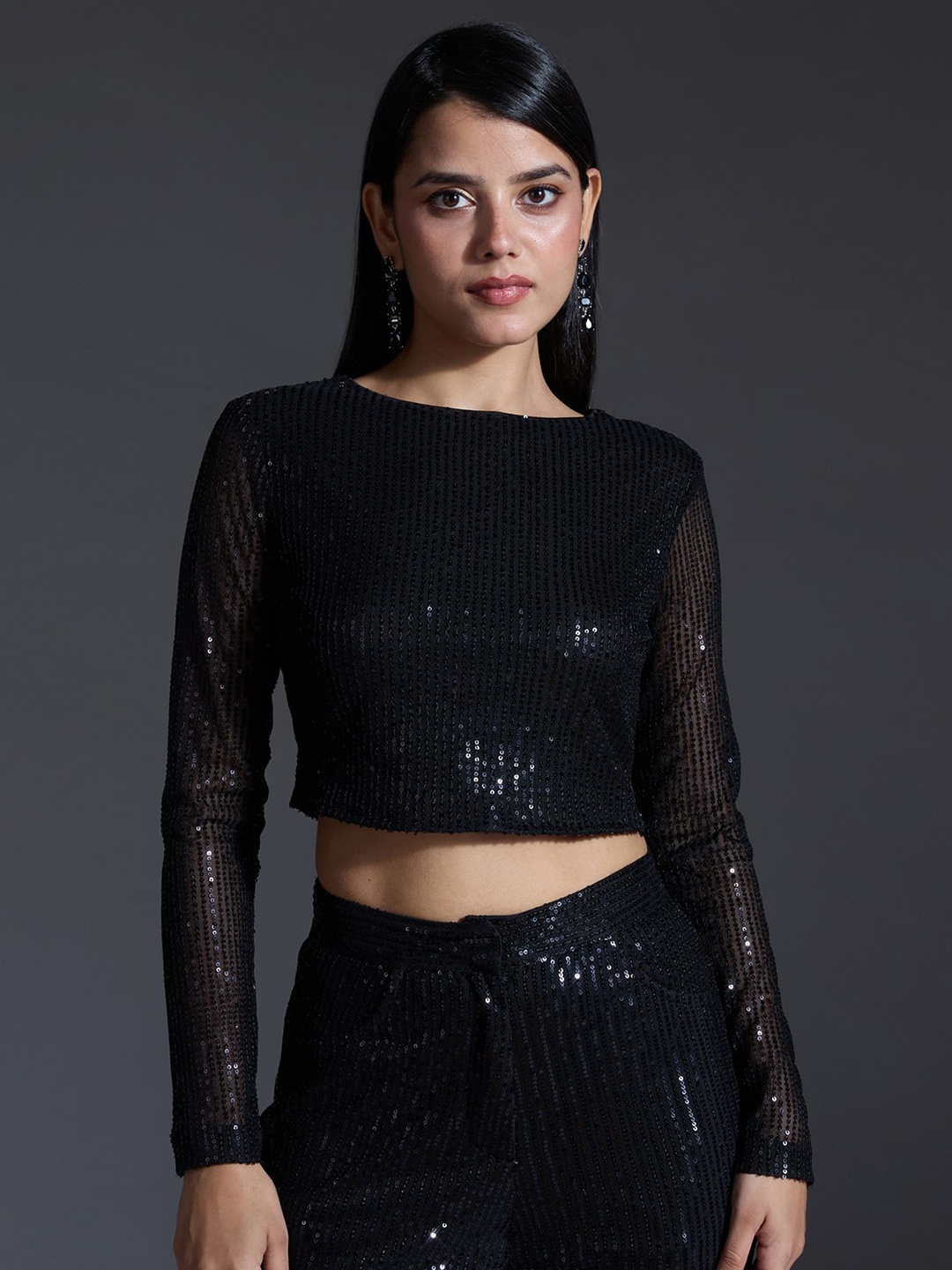 

20Dresses Women Sequined Embellished Crop Top, Black