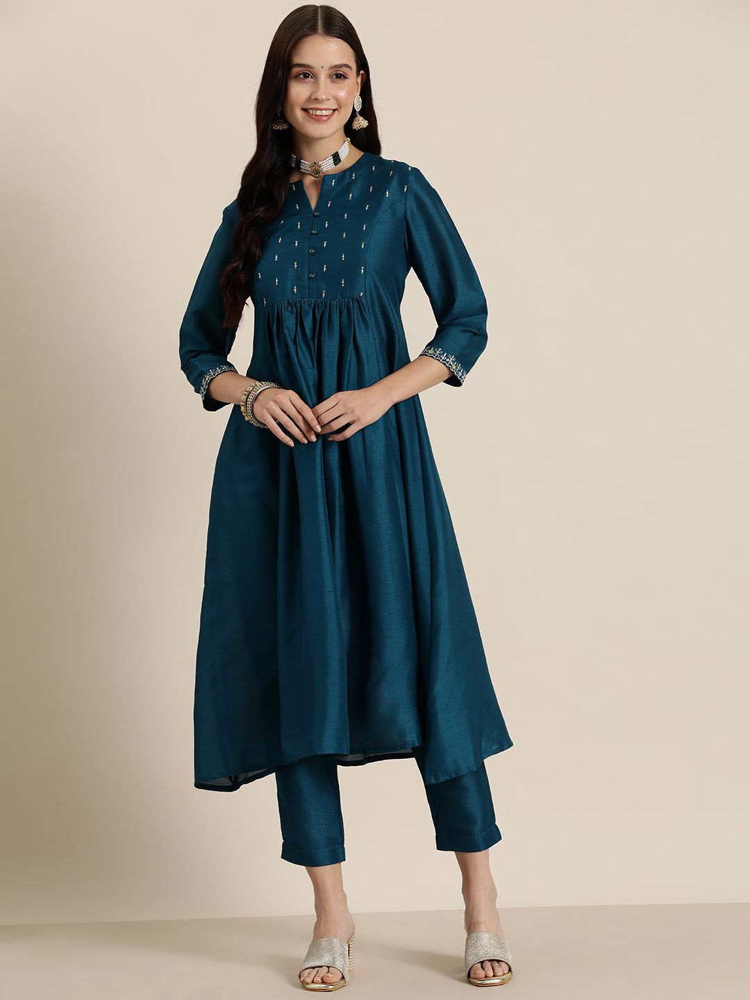 

HERE&NOW Embroidered Panelled Kurta with Trouser, Teal