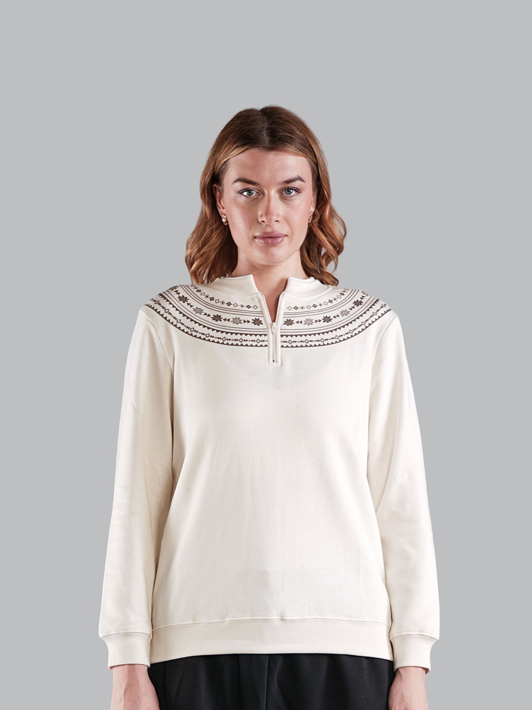 

Nimble Women Tribal Printed Round Neck Pullover Sweatshirt, Cream