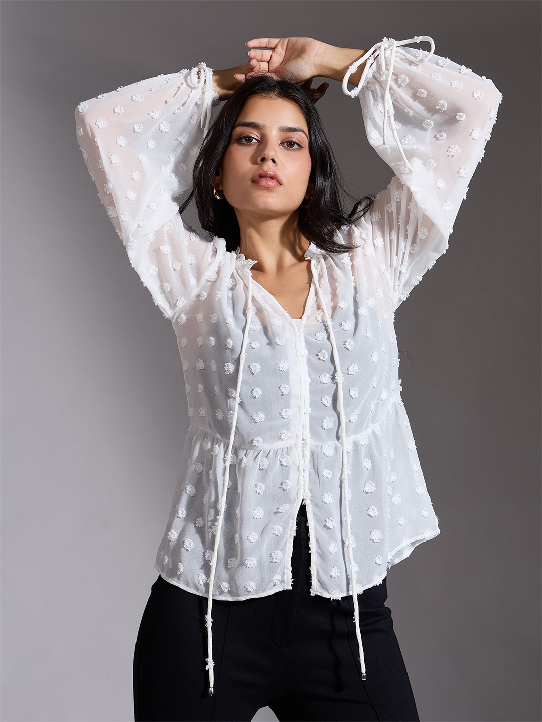 

20Dresses Women Tie-Up Neck Long Sleeves Top, White
