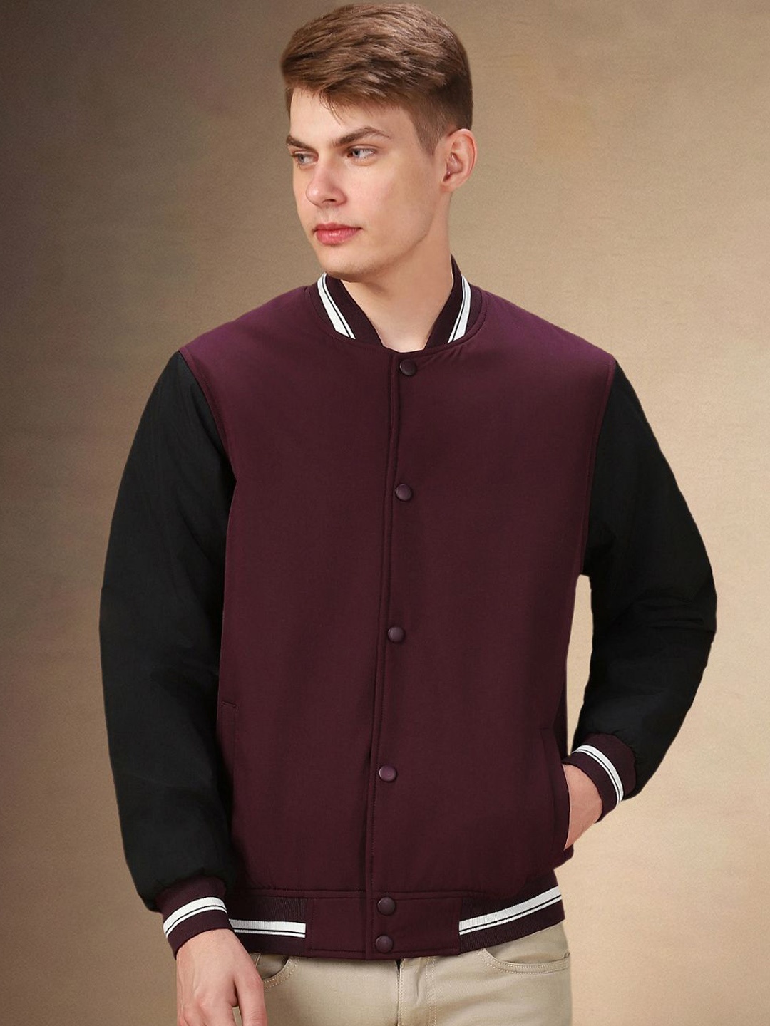 

Dennis Lingo Men Floral Colourblocked Bomber with Embroidered Jacket, Maroon