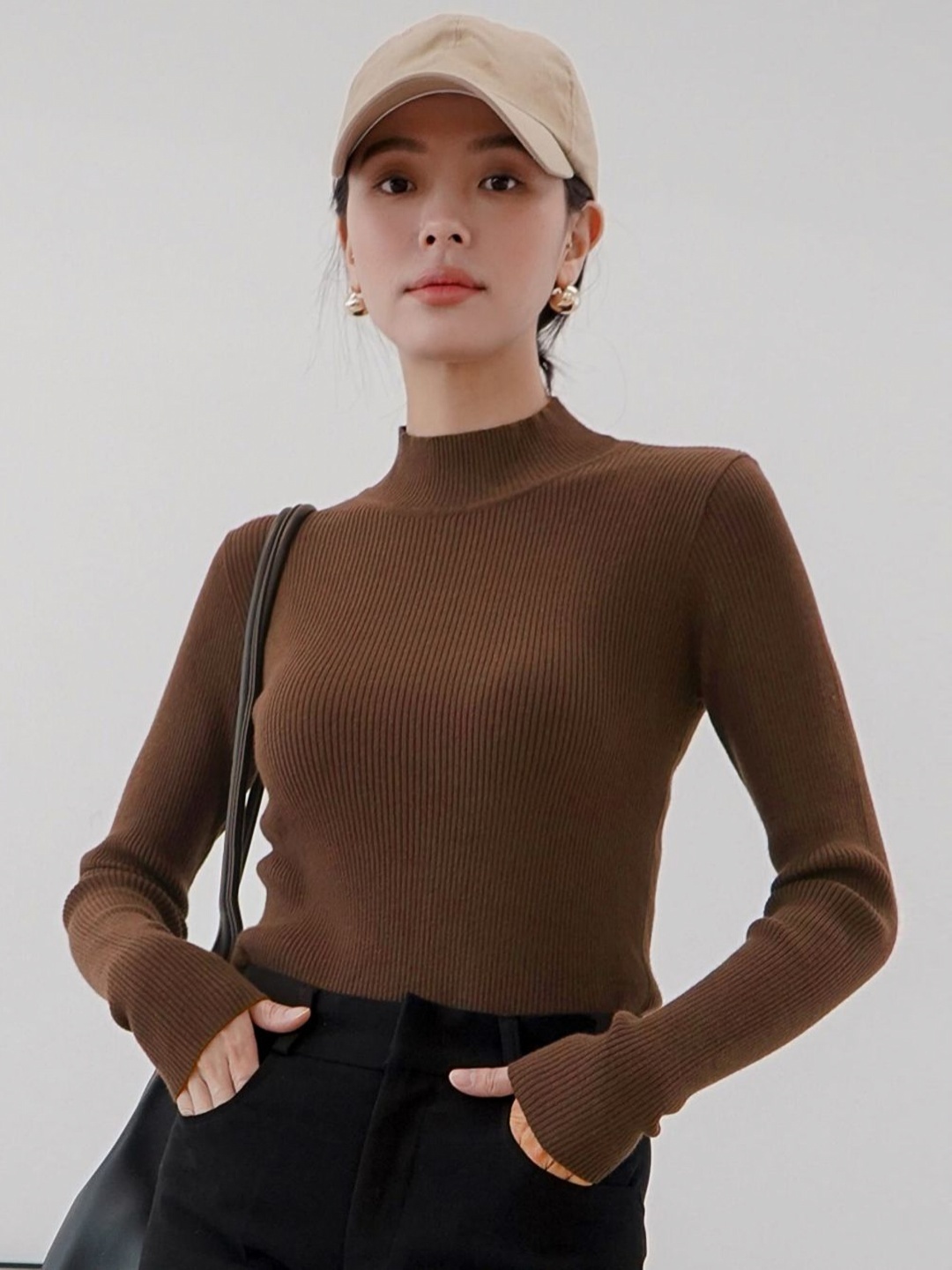 

Genzy Women High Neck Pockets Slim Fit T-shirt, Brown